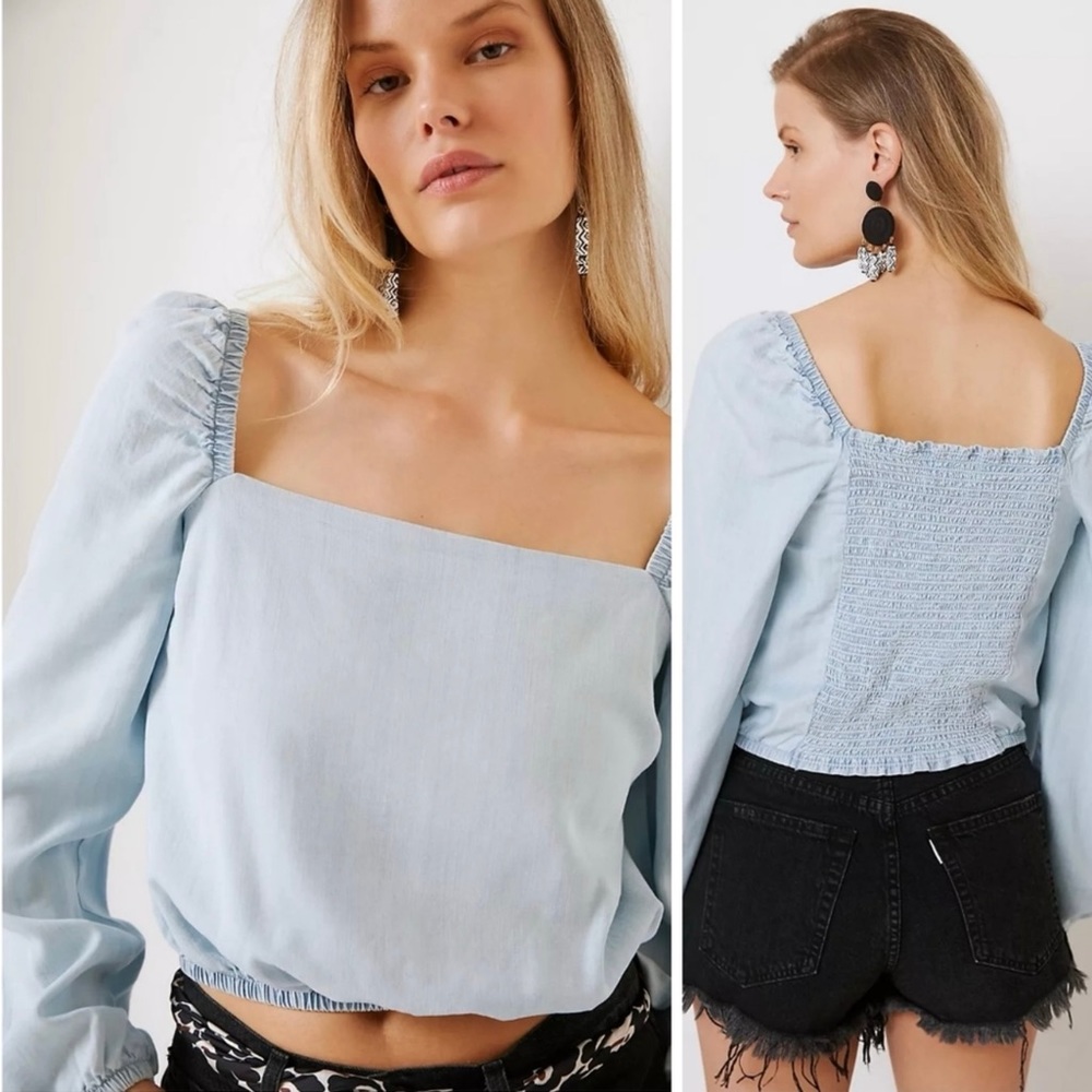 Cloth & Stone Evereve Chambray Smocked Square Neck Blouse Sz S